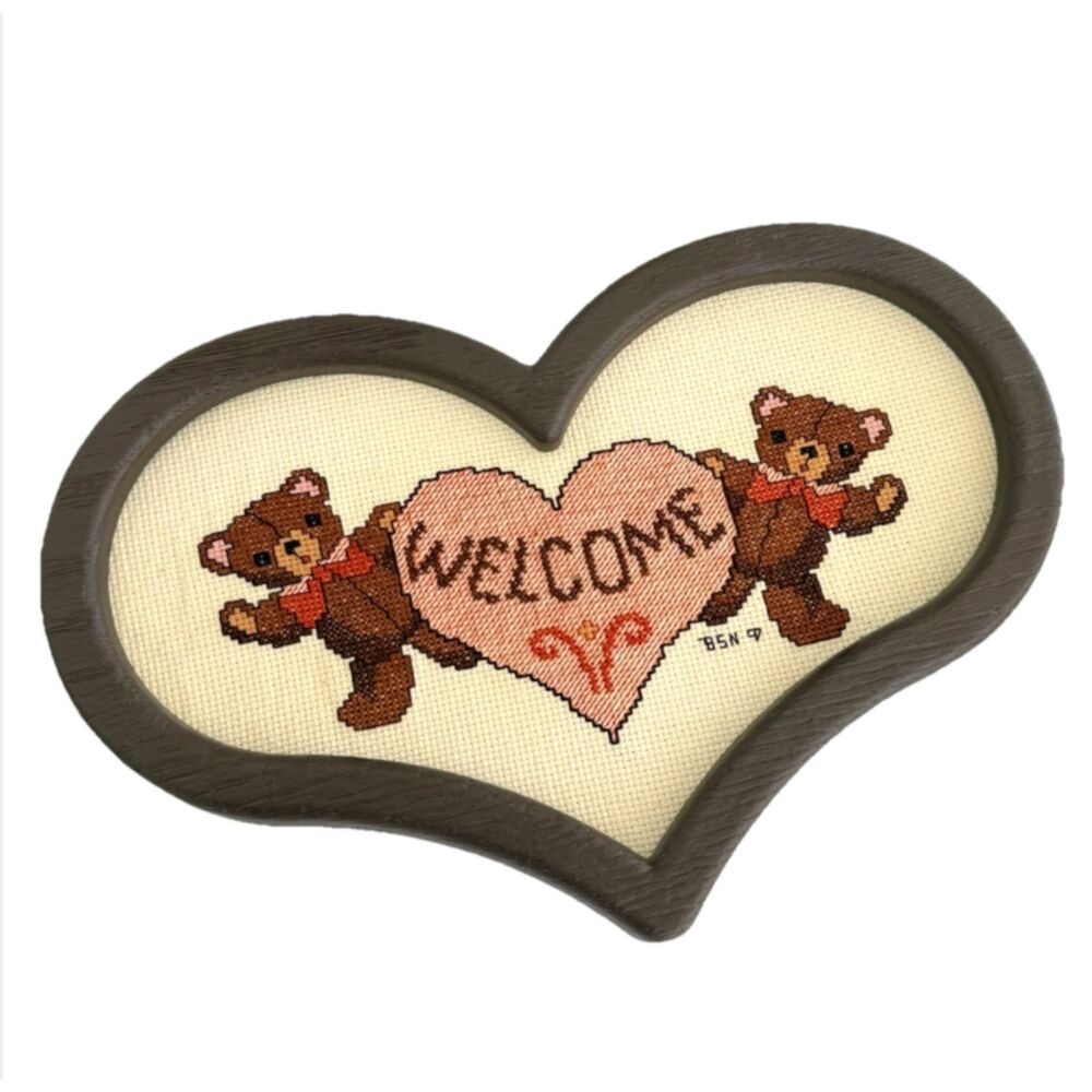 Cross Stitch Welcome Teddy Bear Heart Framed Wall Art Cottagecore Grannycore - Picture 2 of 4